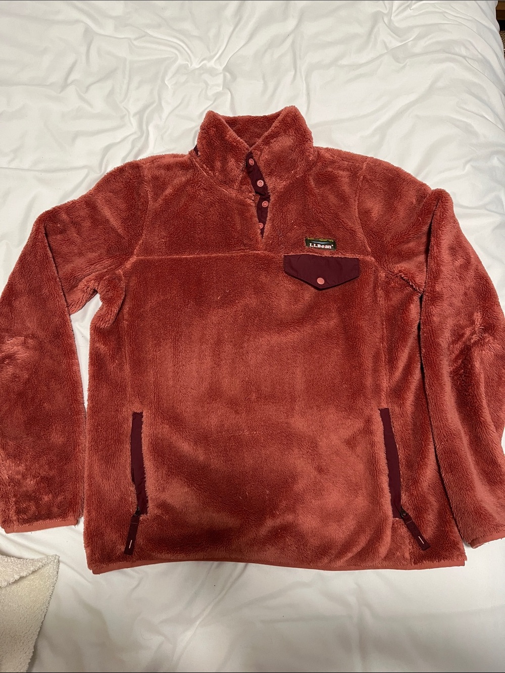 L.L. Bean Plush Snap-Front Fleece Pullover - Rust with Burgundy Trim